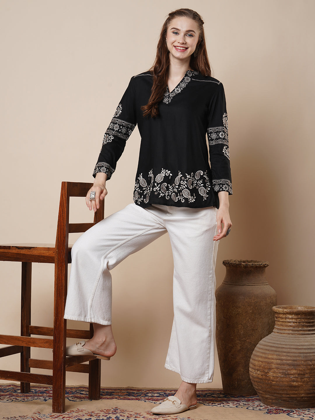 Solid Floral Cross Stitch Embroidered A-Line Short Kurti - Black