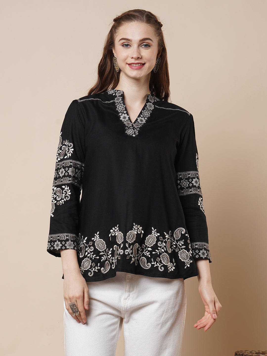 Solid Floral Cross Stitch Embroidered A-Line Short Kurti - Black