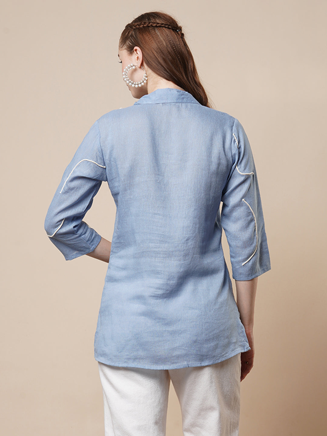 Solid Elephant Embroidered Straight Fit Kurti - Blue