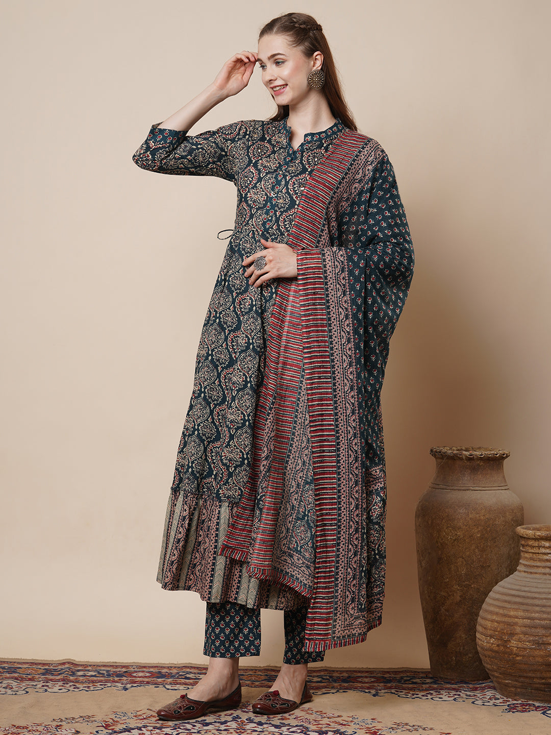 Ethnic Ajrakh Printed Anarkali Flared Kurta with Pant and Pure Cotton Dupatta - Teal Blue