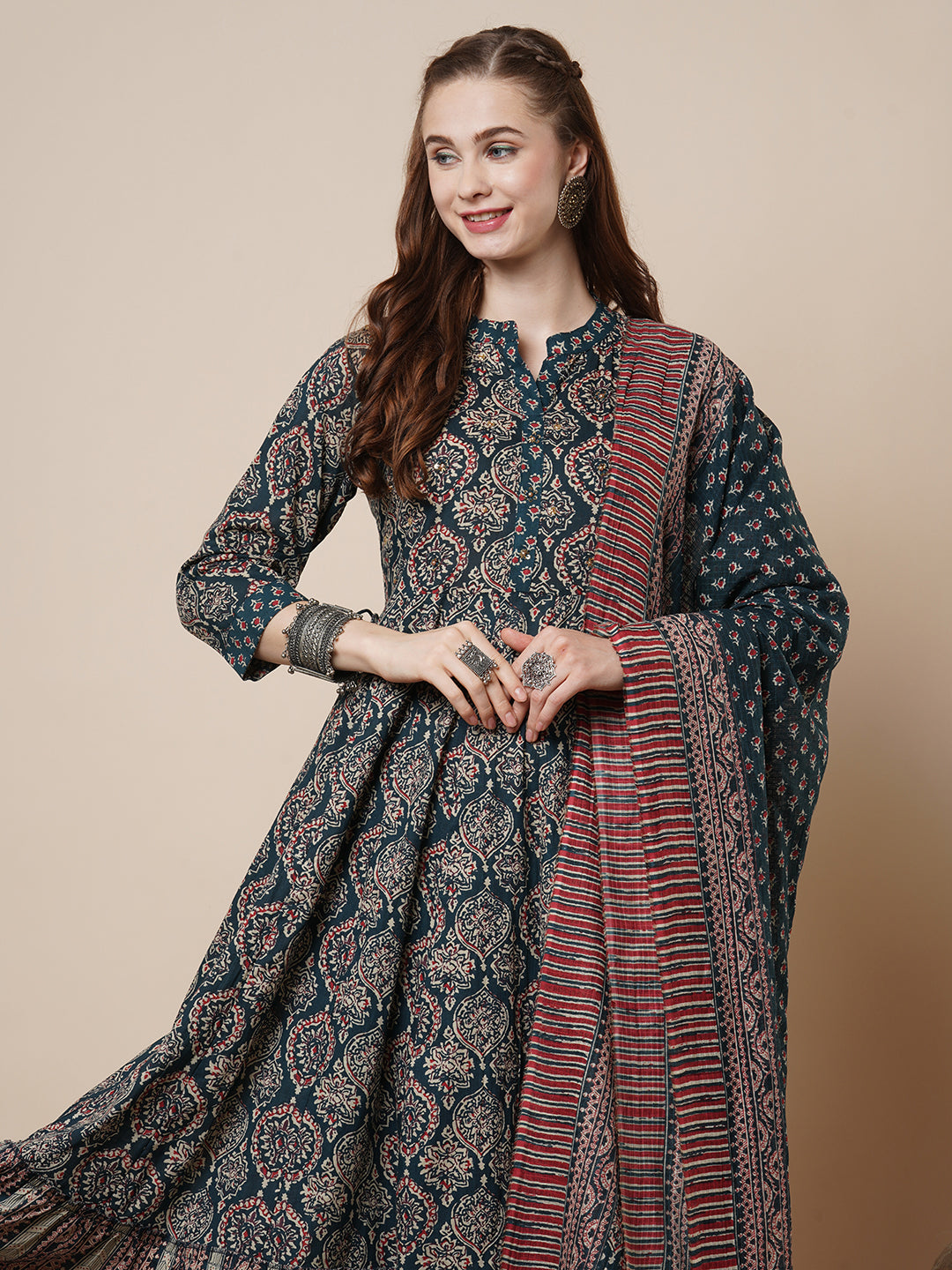 Ethnic Ajrakh Printed Anarkali Flared Kurta with Pant and Pure Cotton Dupatta - Teal Blue