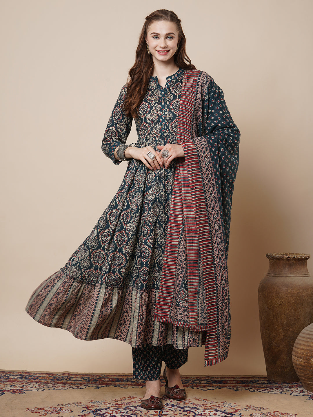 Ethnic Ajrakh Printed Anarkali Flared Kurta with Pant and Pure Cotton Dupatta - Teal Blue