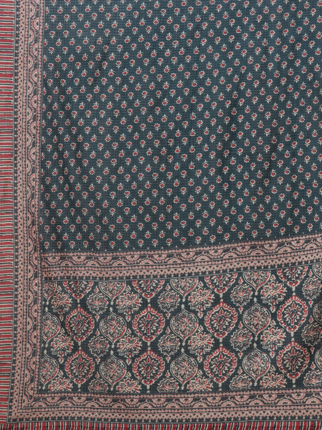 Ethnic Ajrakh Printed Anarkali Flared Kurta with Pant and Pure Cotton Dupatta - Teal Blue