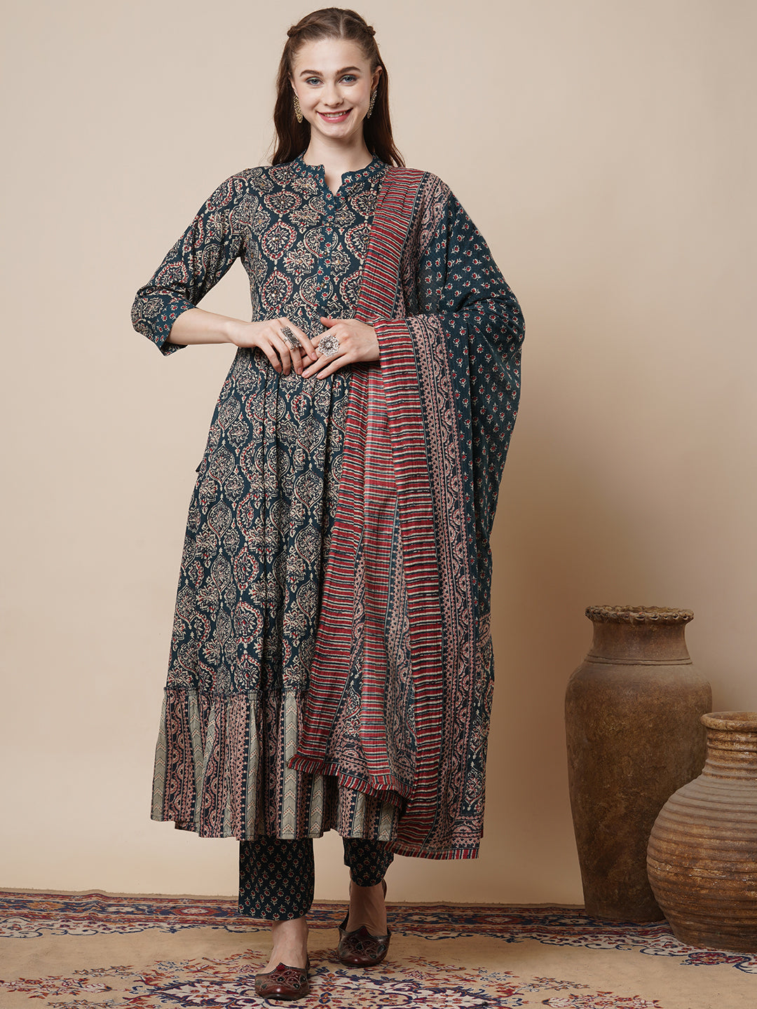 Ethnic Ajrakh Printed Anarkali Flared Kurta with Pant and Pure Cotton Dupatta - Teal Blue