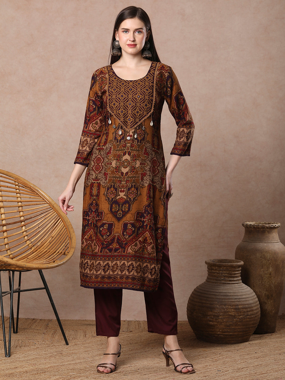 Ethnic Floral Printed & Cross Stitch Embroidered Straight Fit Kurta - Mustard