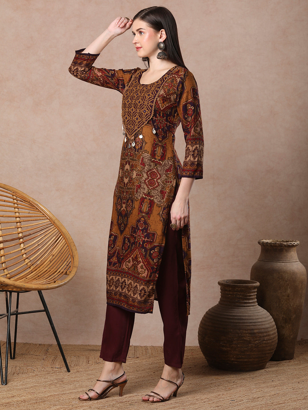 Ethnic Floral Printed & Cross Stitch Embroidered Straight Fit Kurta - Mustard