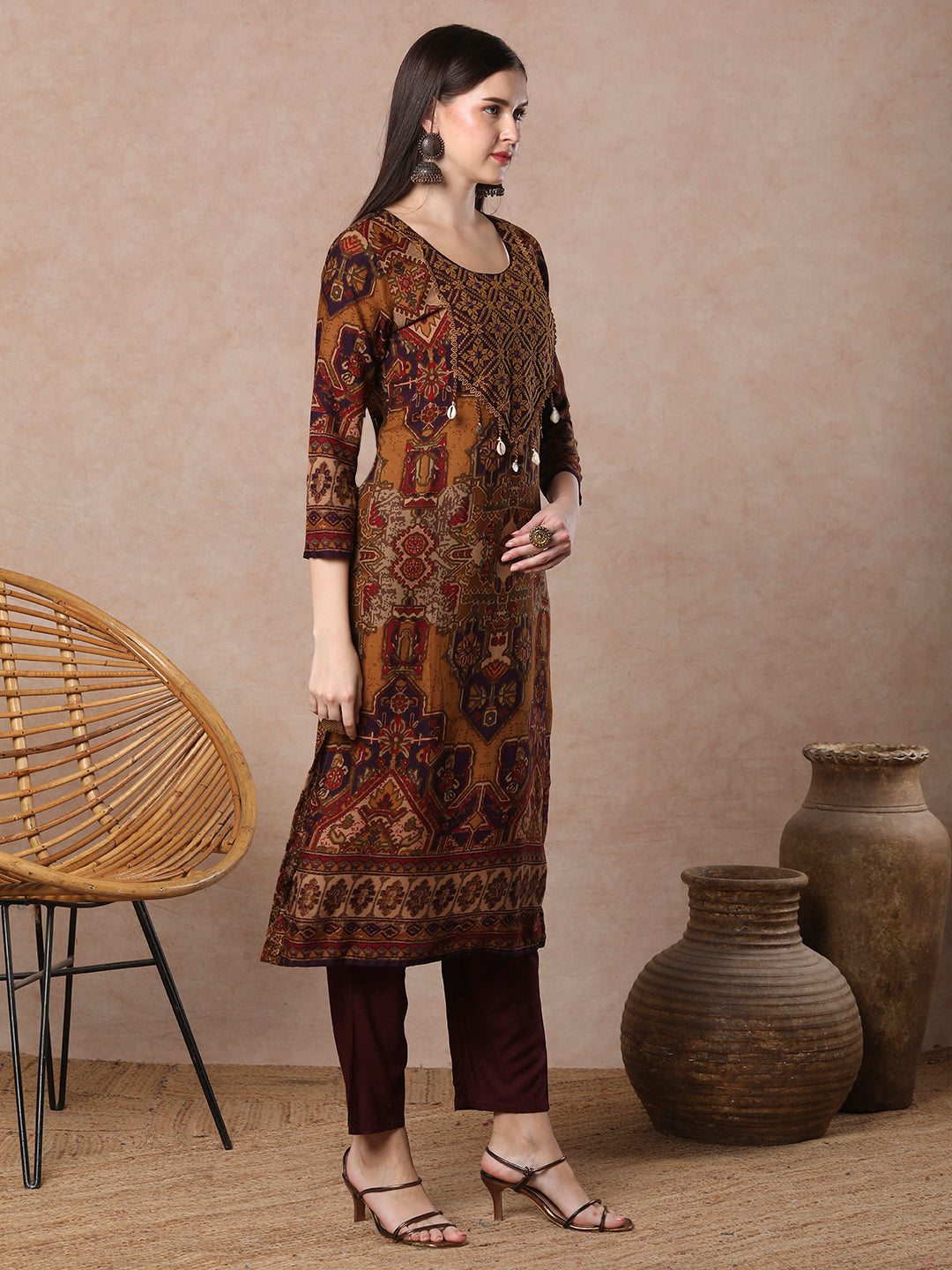 Ethnic Floral Printed & Cross Stitch Embroidered Straight Fit Kurta - Mustard