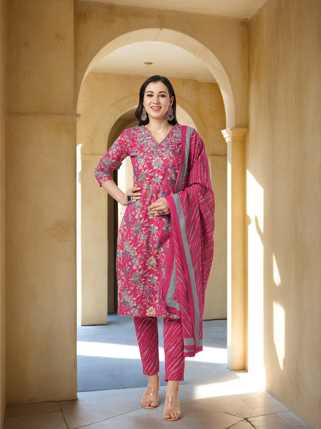 Ethnic Printed & Resham Embroidered Straight Kurta with Pant with Dupatta - Pink