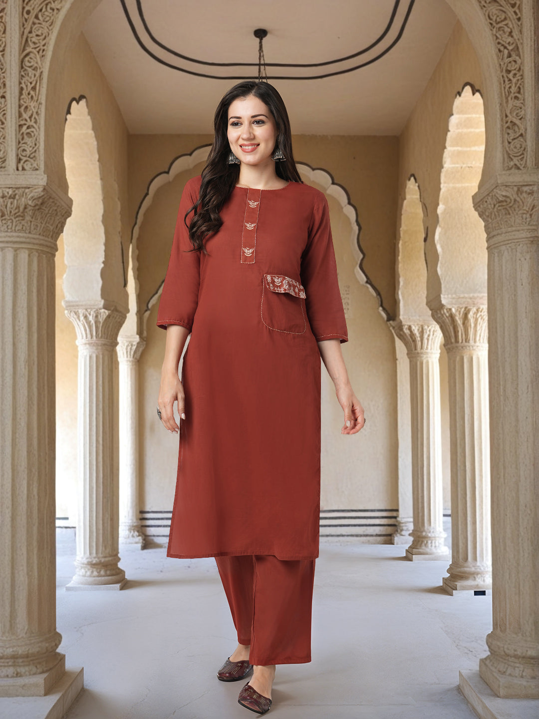 Solid Figurative Thread Embroidered Straight Fit Co-ord Set - Rust