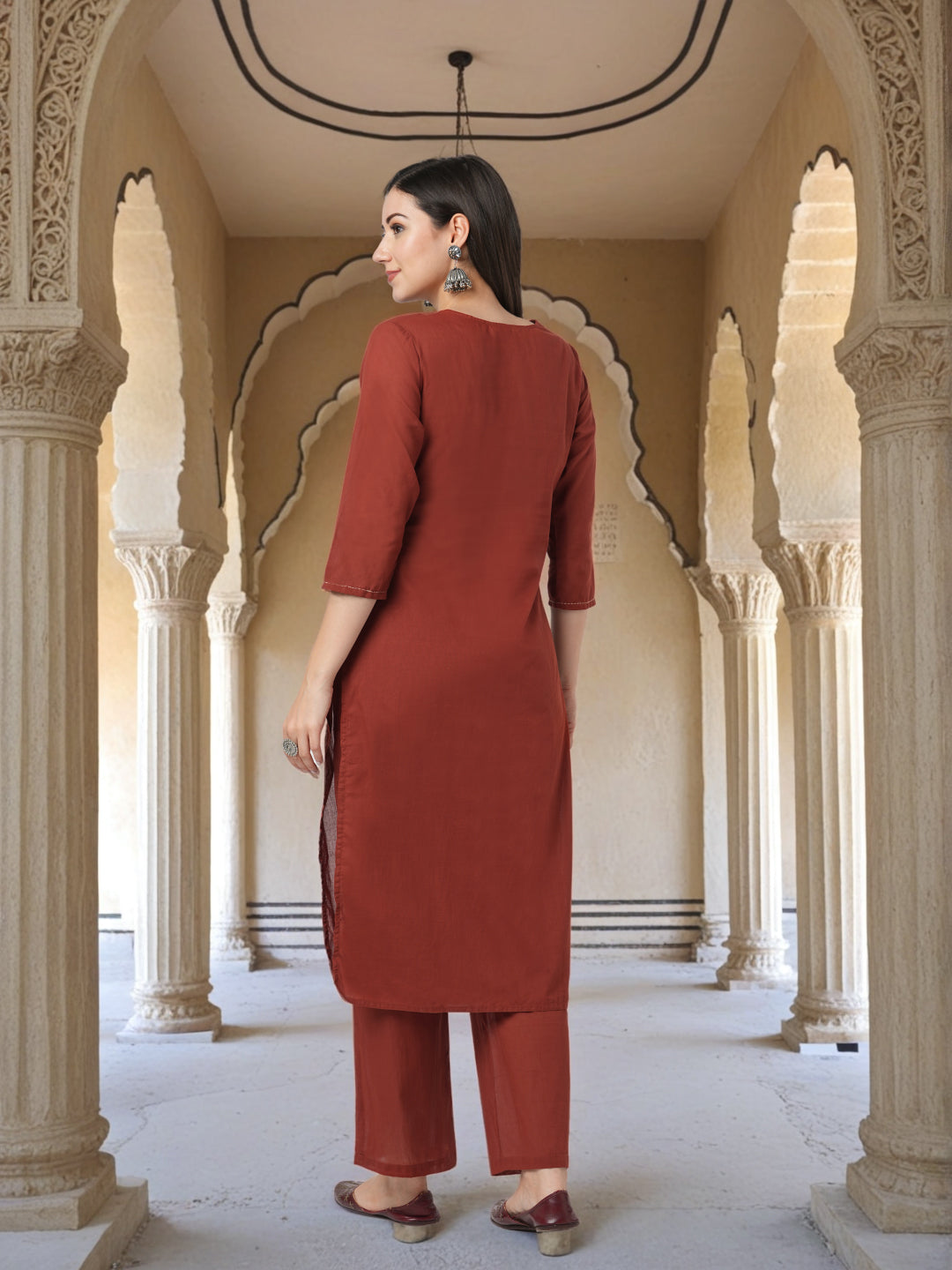 Solid Figurative Thread Embroidered Straight Fit Co-ord Set - Rust