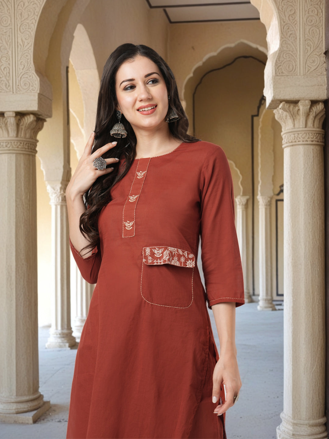 Solid Figurative Thread Embroidered Straight Fit Co-ord Set - Rust