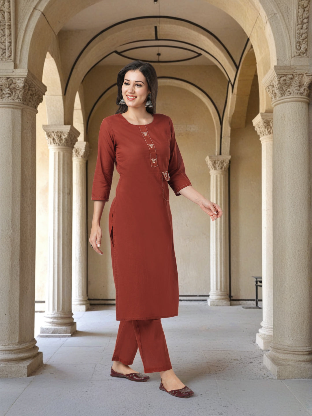 Solid Figurative Thread Embroidered Straight Fit Co-ord Set - Rust