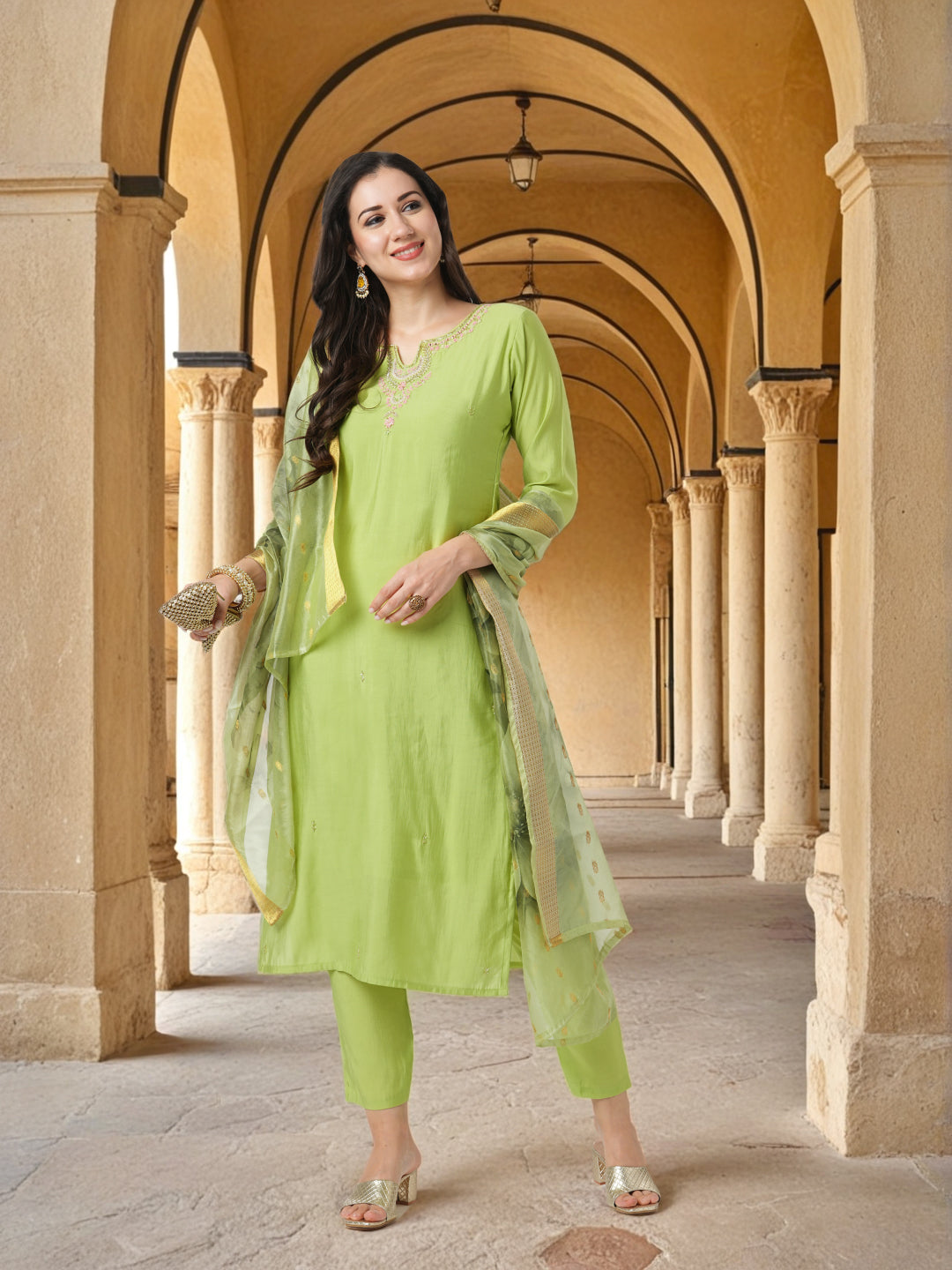 Solid Floral Resham & Hand Embroidered Straight Kurta with Pant & Printed Dupatta - Green