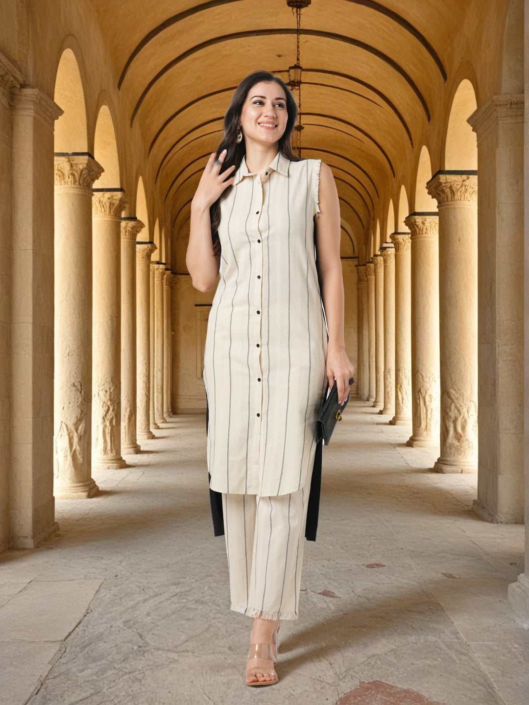 Solid Striped Woven Straight Fit Cotton Flax Co-ord Set - Off White