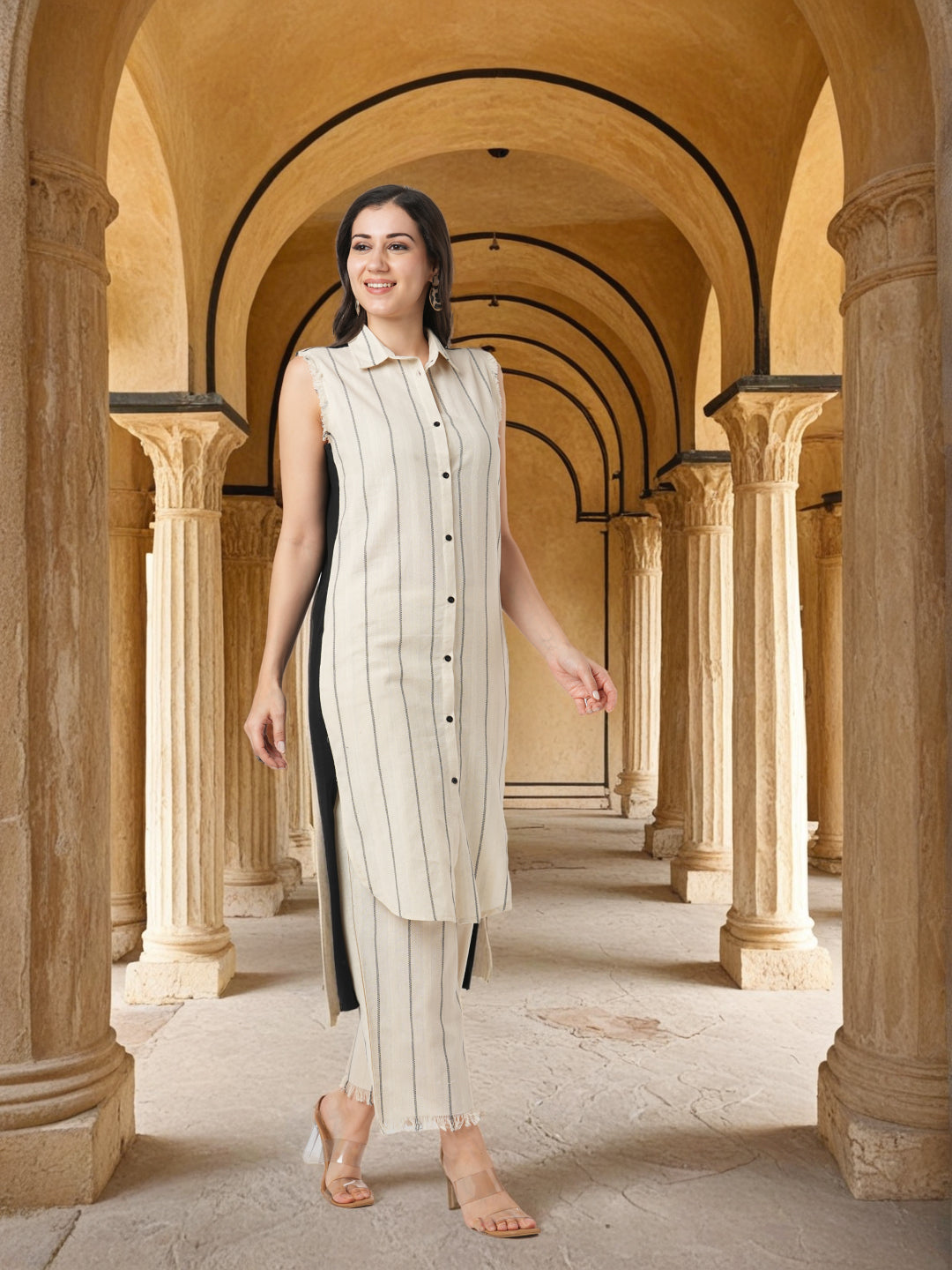 Solid Striped Woven Straight Fit Cotton Flax Co-ord Set - Off White