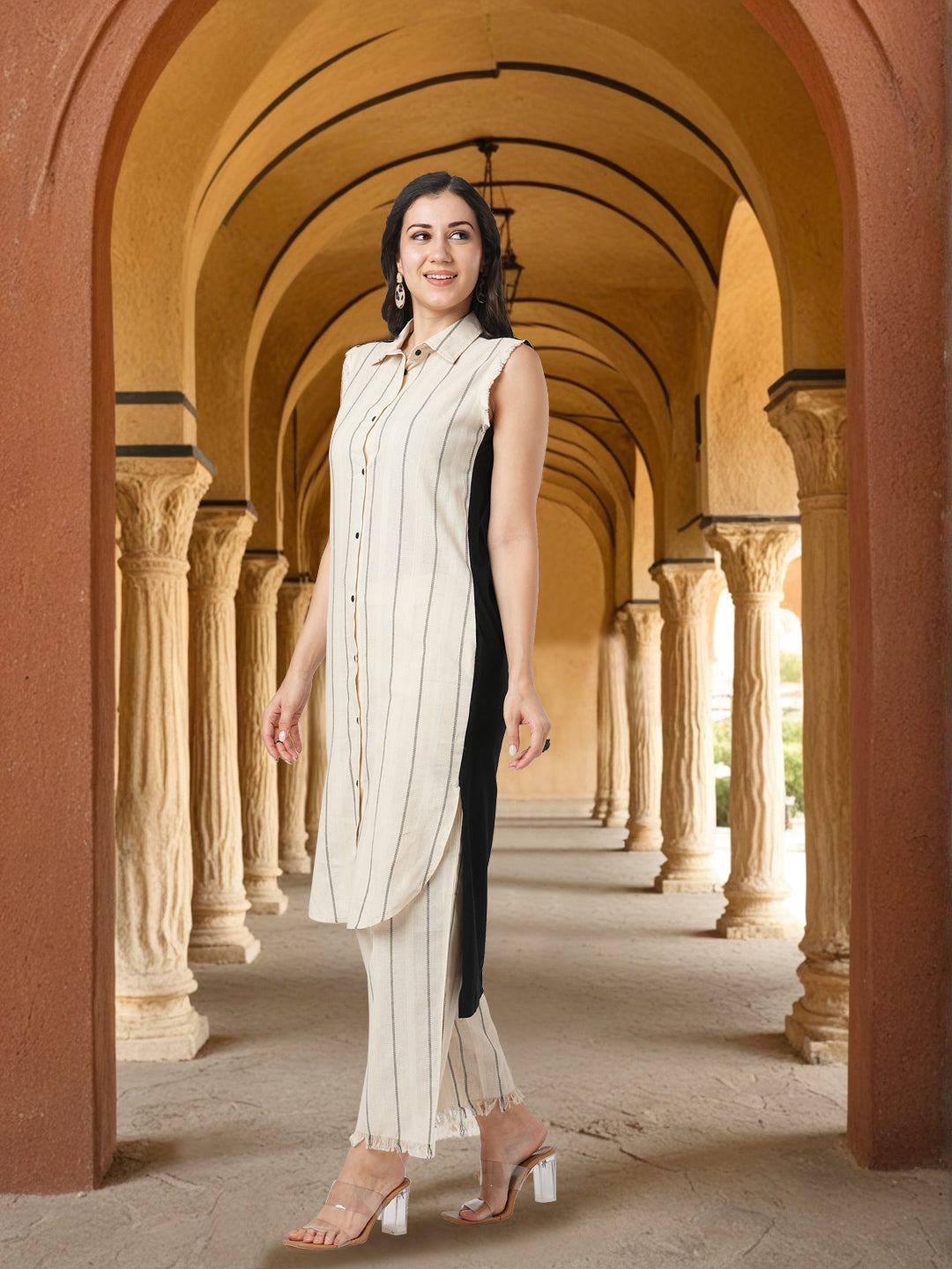 Solid Striped Woven Straight Fit Cotton Flax Co-ord Set - Off White