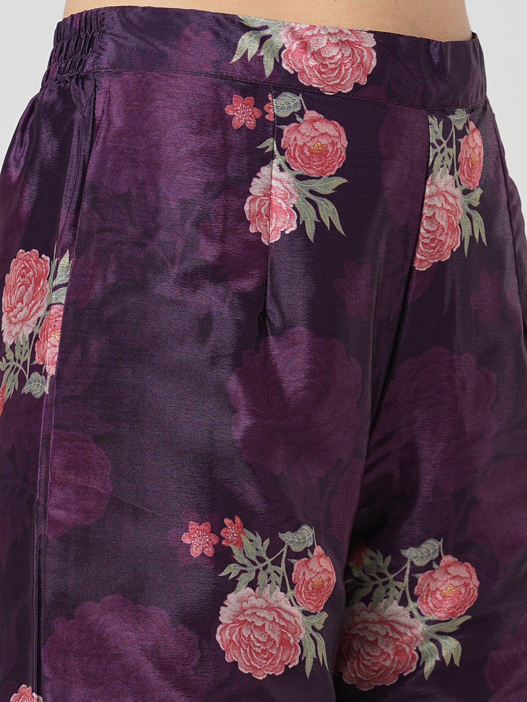 Floral Printed & Hand Embroidered Straight Kurta with Sharara with Dupatta - Purple