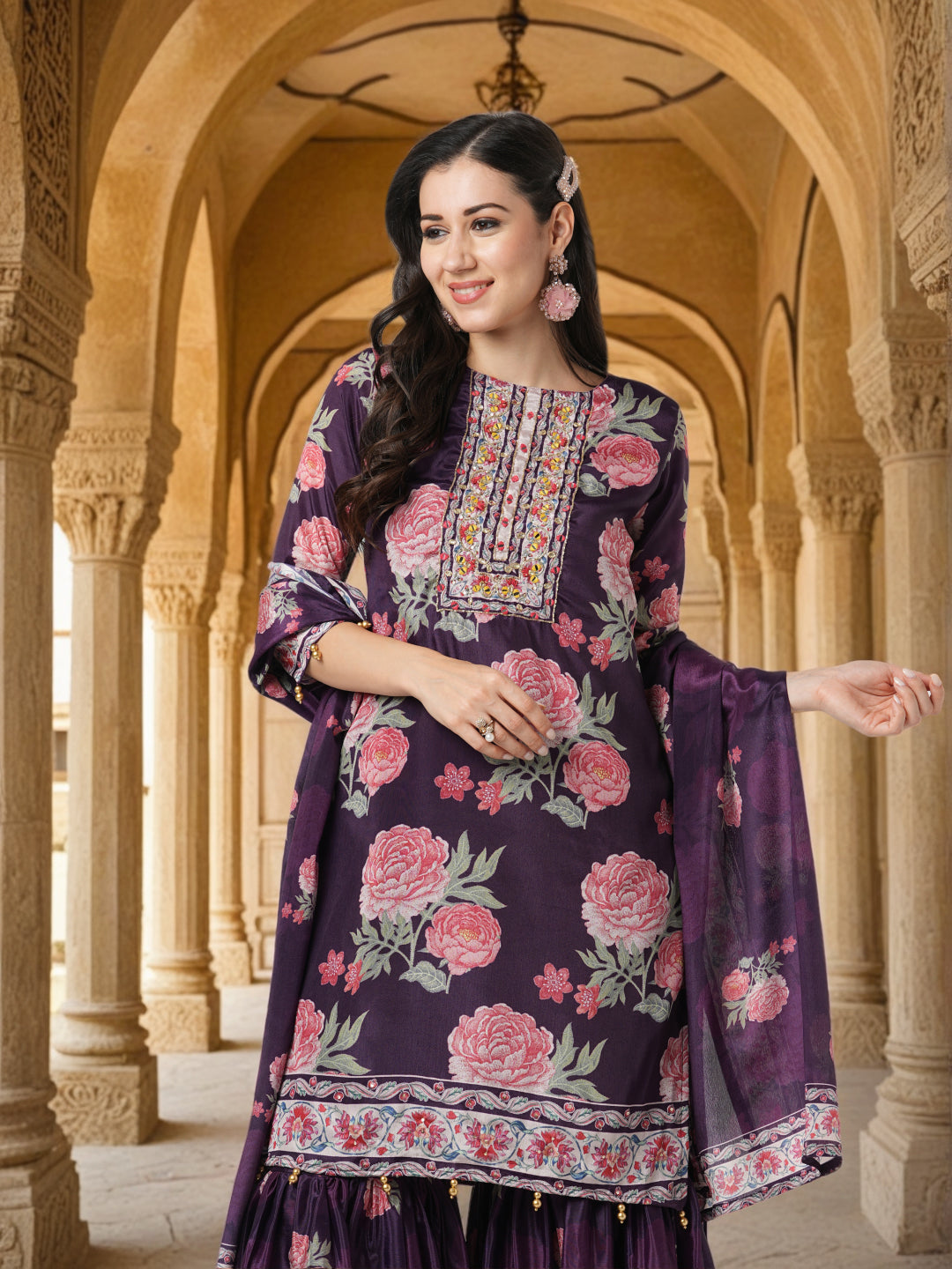 Floral Printed & Hand Embroidered Straight Kurta with Sharara with Dupatta - Purple