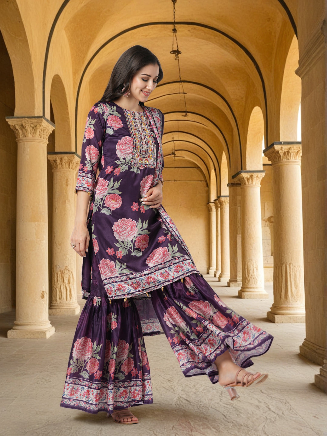 Floral Printed & Hand Embroidered Straight Kurta with Sharara with Dupatta - Purple