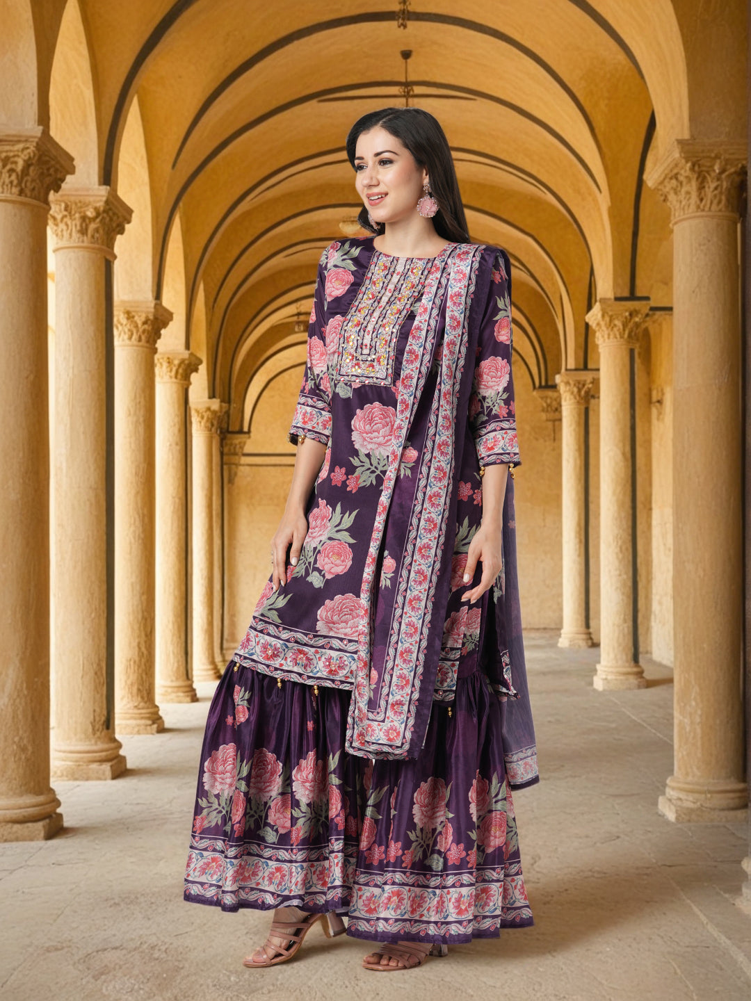 Floral Printed & Hand Embroidered Straight Kurta with Sharara with Dupatta - Purple