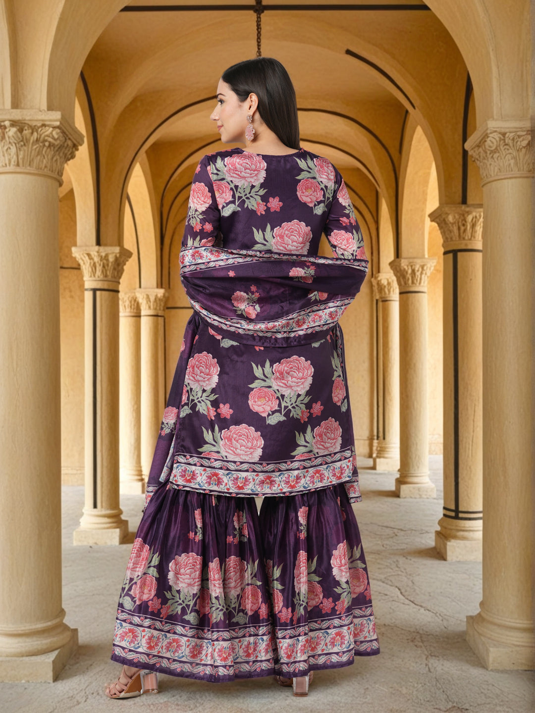 Floral Printed & Hand Embroidered Straight Kurta with Sharara with Dupatta - Purple