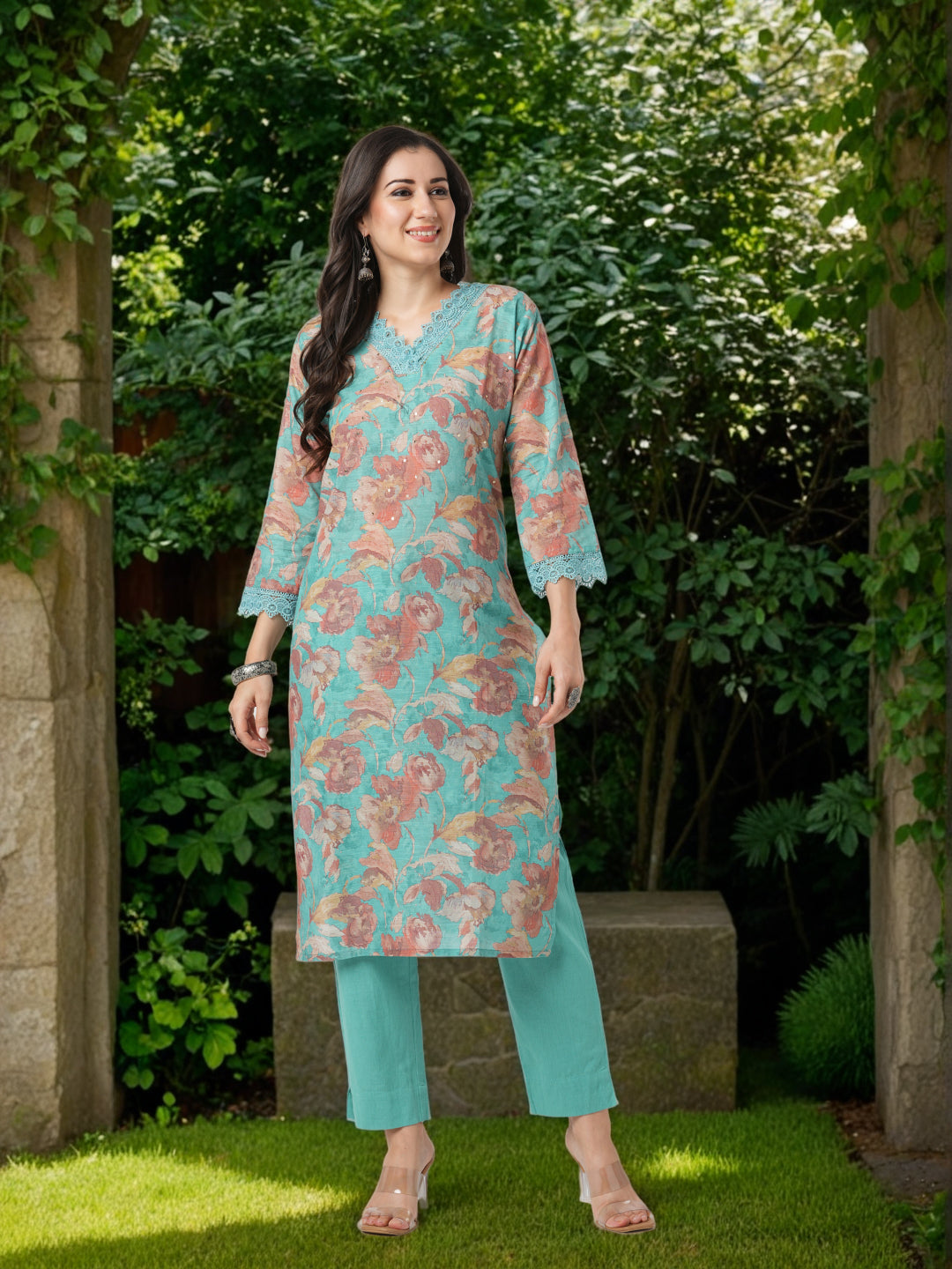 Abstract Floral Printed Straight Fit Kurta - Turquoise Blue