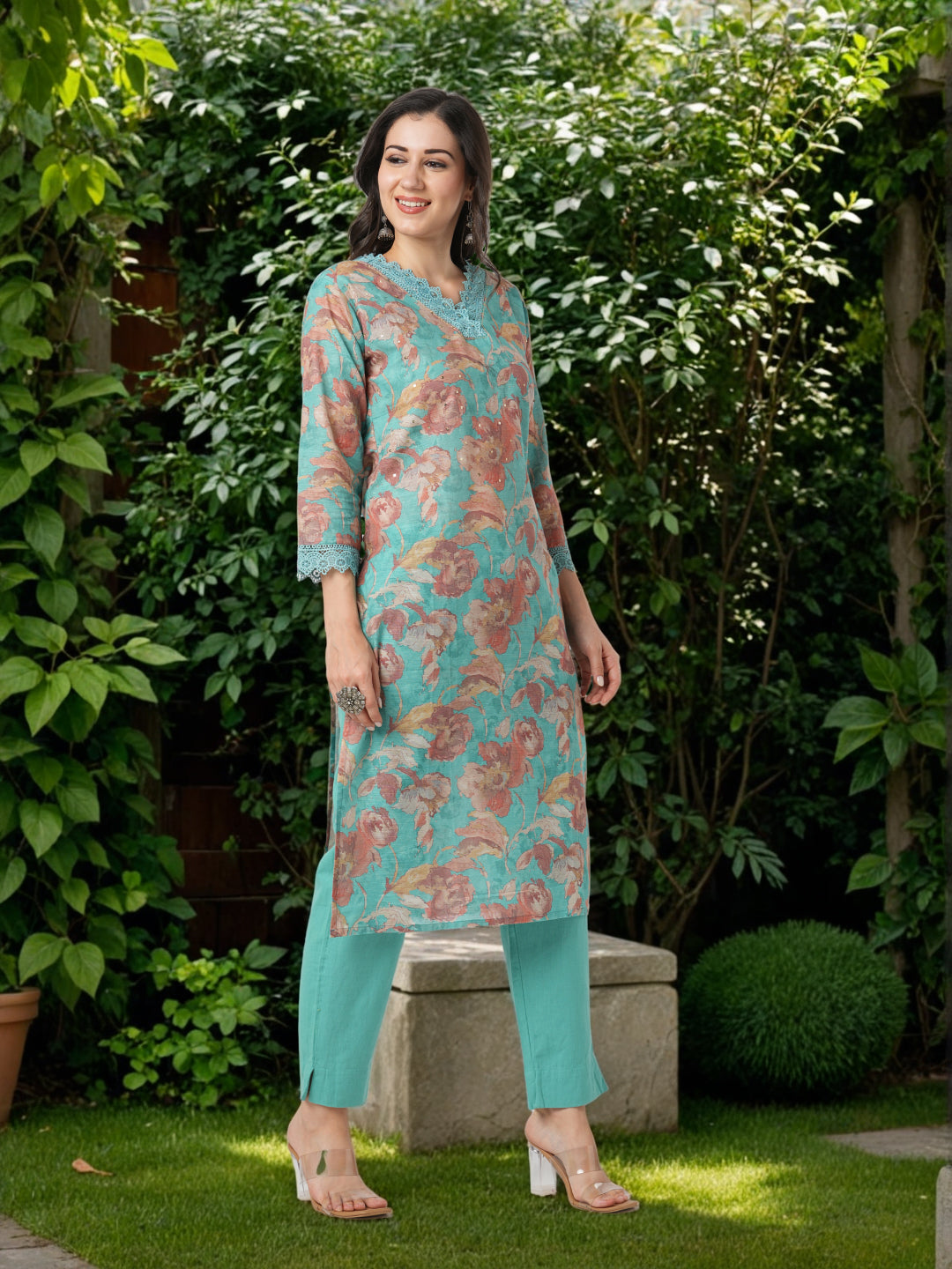 Abstract Floral Printed Straight Fit Kurta - Turquoise Blue