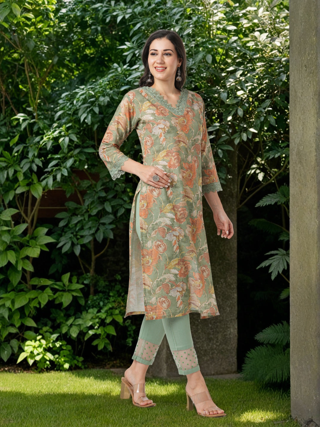 Abstract Floral Printed Straight Fit Kurta - Green