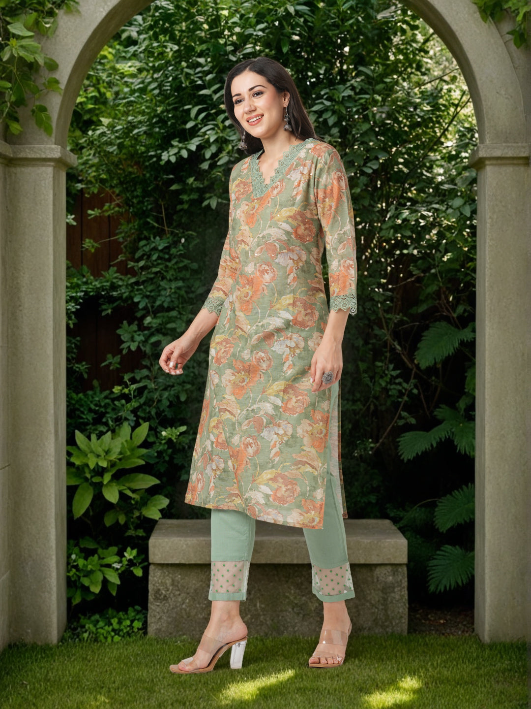 Abstract Floral Printed Straight Fit Kurta - Green