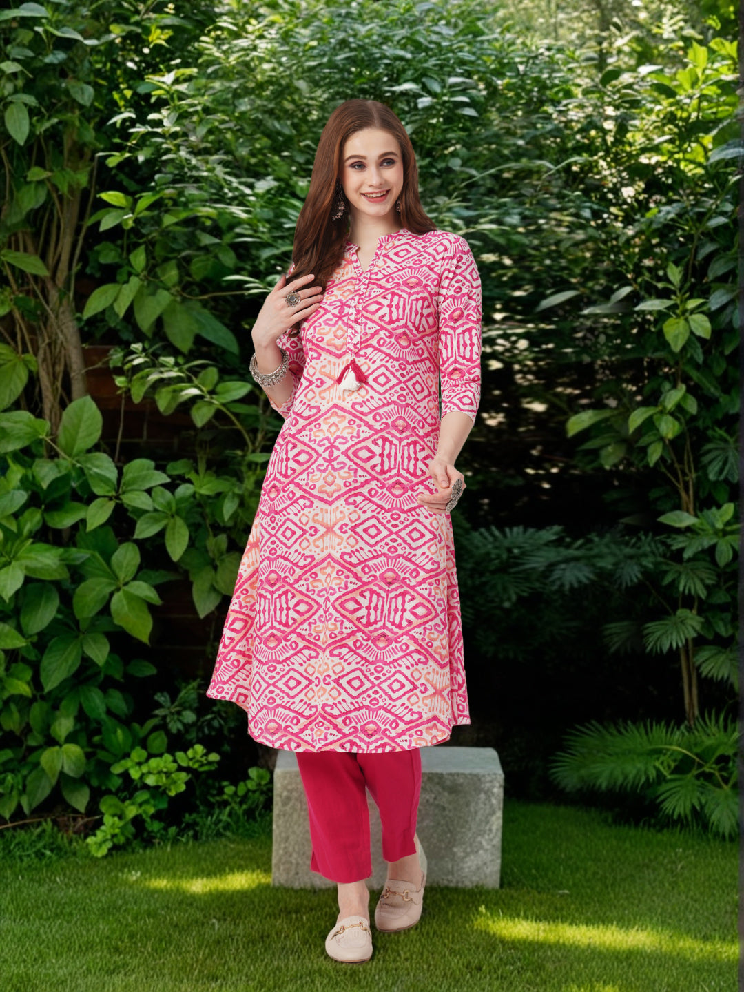 Ethnic Ikat Printed A-Line Flared Kurta - Red