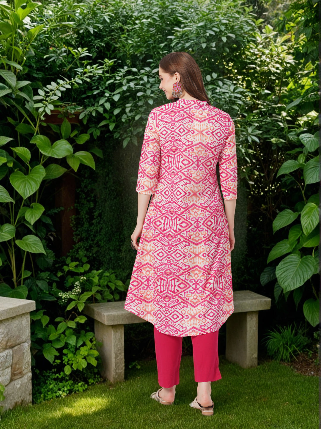 Ethnic Ikat Printed A-Line Flared Kurta - Red