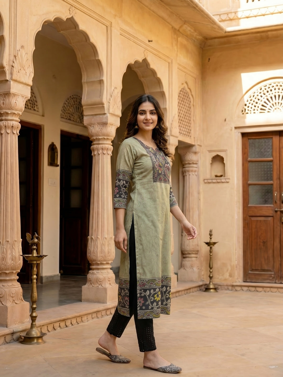 Ethnic Kalamkari Printed Straight Cut Kurta - Grey