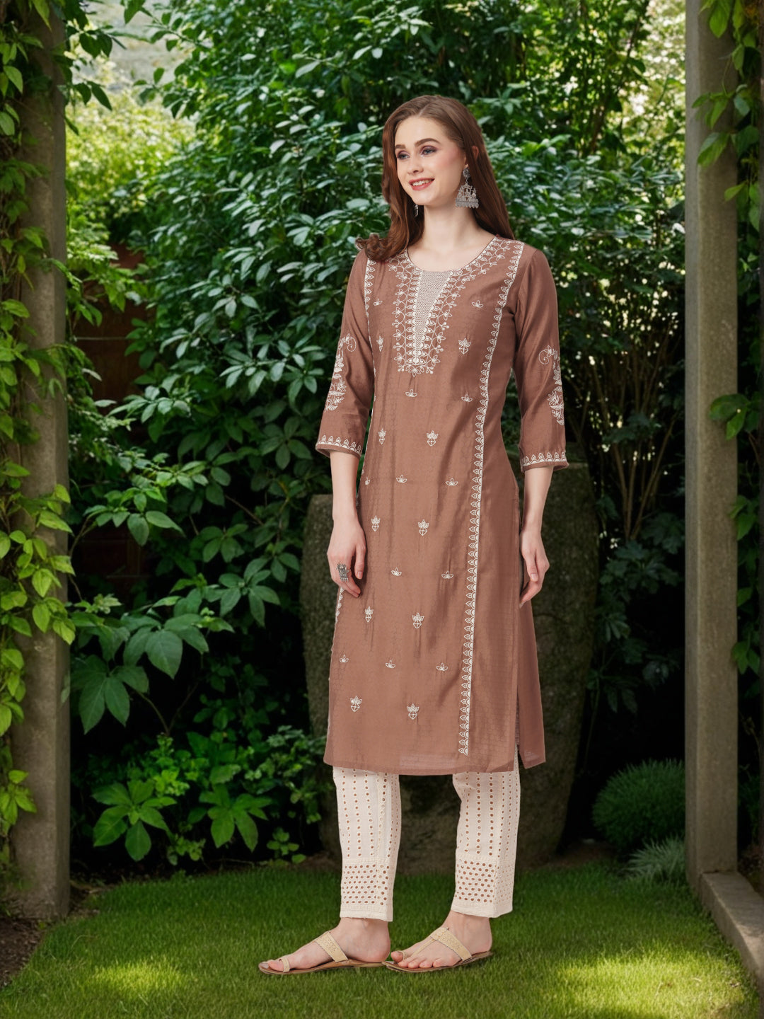 Solid Thread & Sequin Work Straight Fit Kurta - Rose Gold