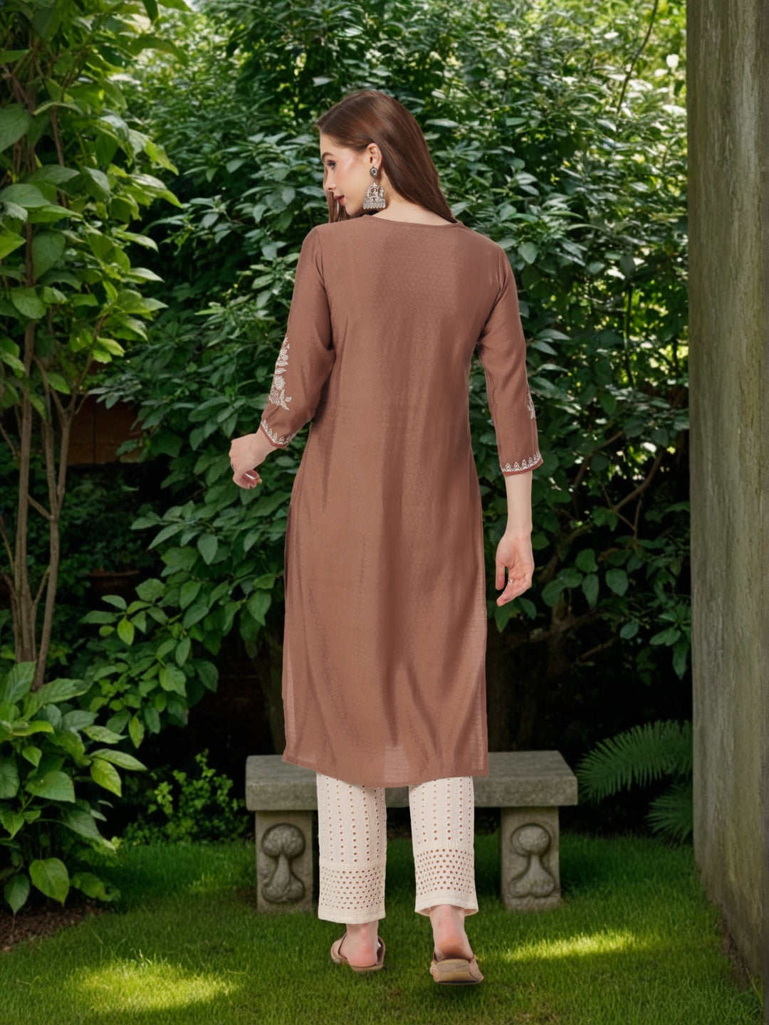 Solid Thread & Sequin Work Straight Fit Kurta - Rose Gold