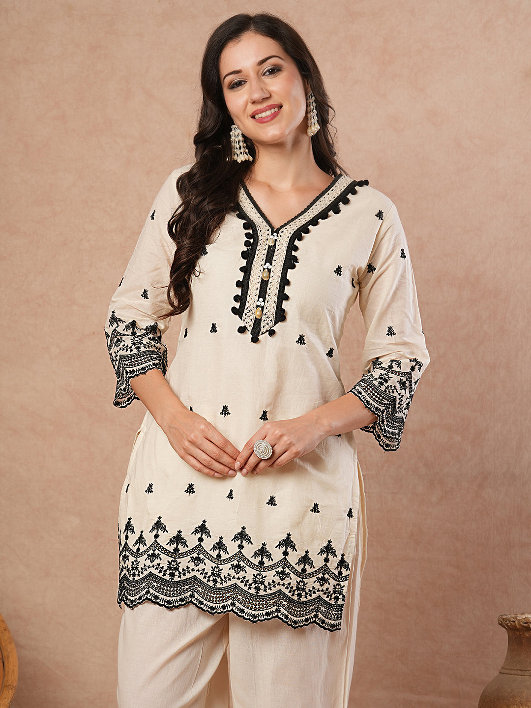 Solid Ethnic Floral Embroidered Straight Cut Kurta with Pant - White