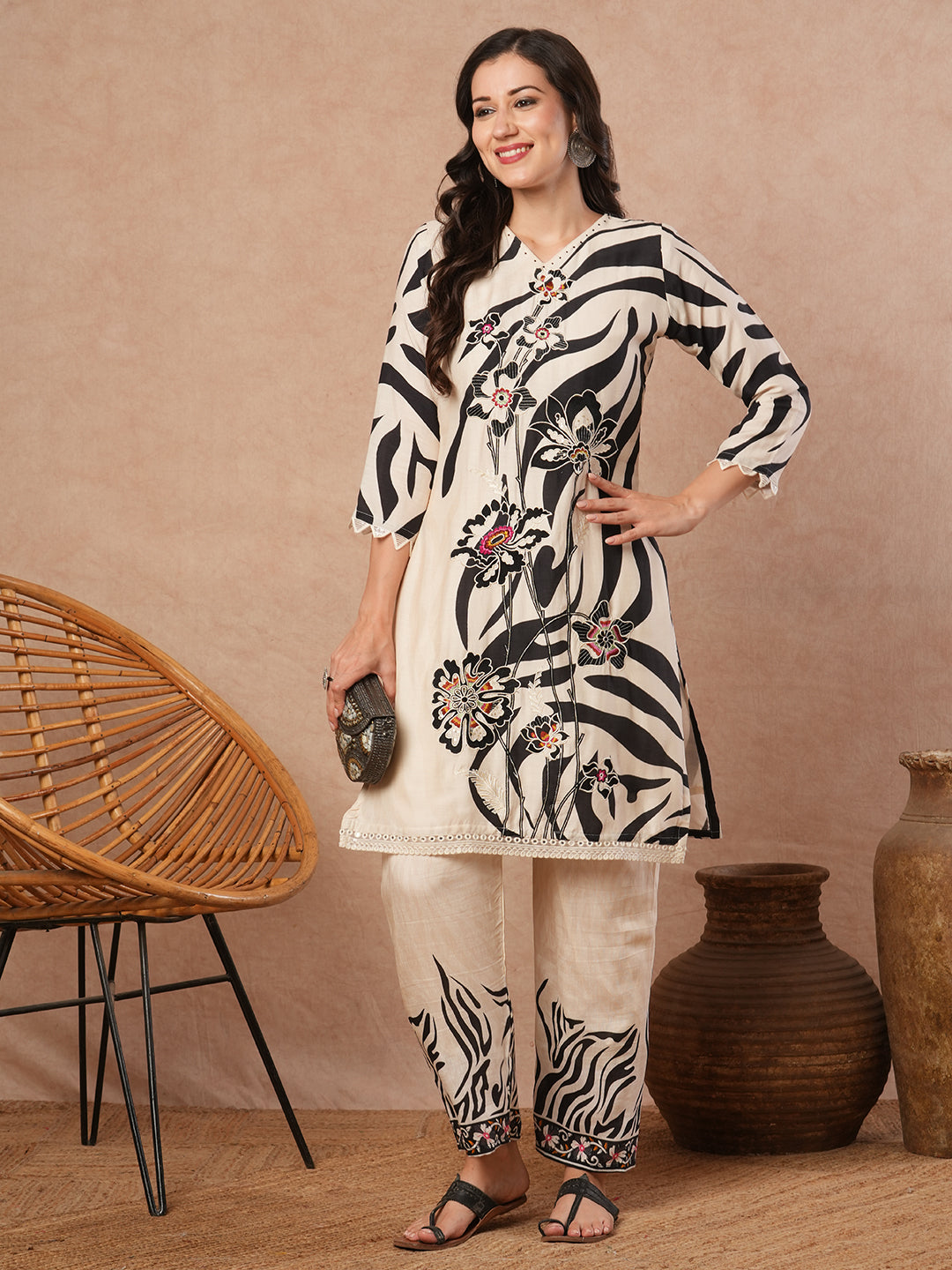 Floral Embroidered & Stripes Printed Co-ord Set - Off White