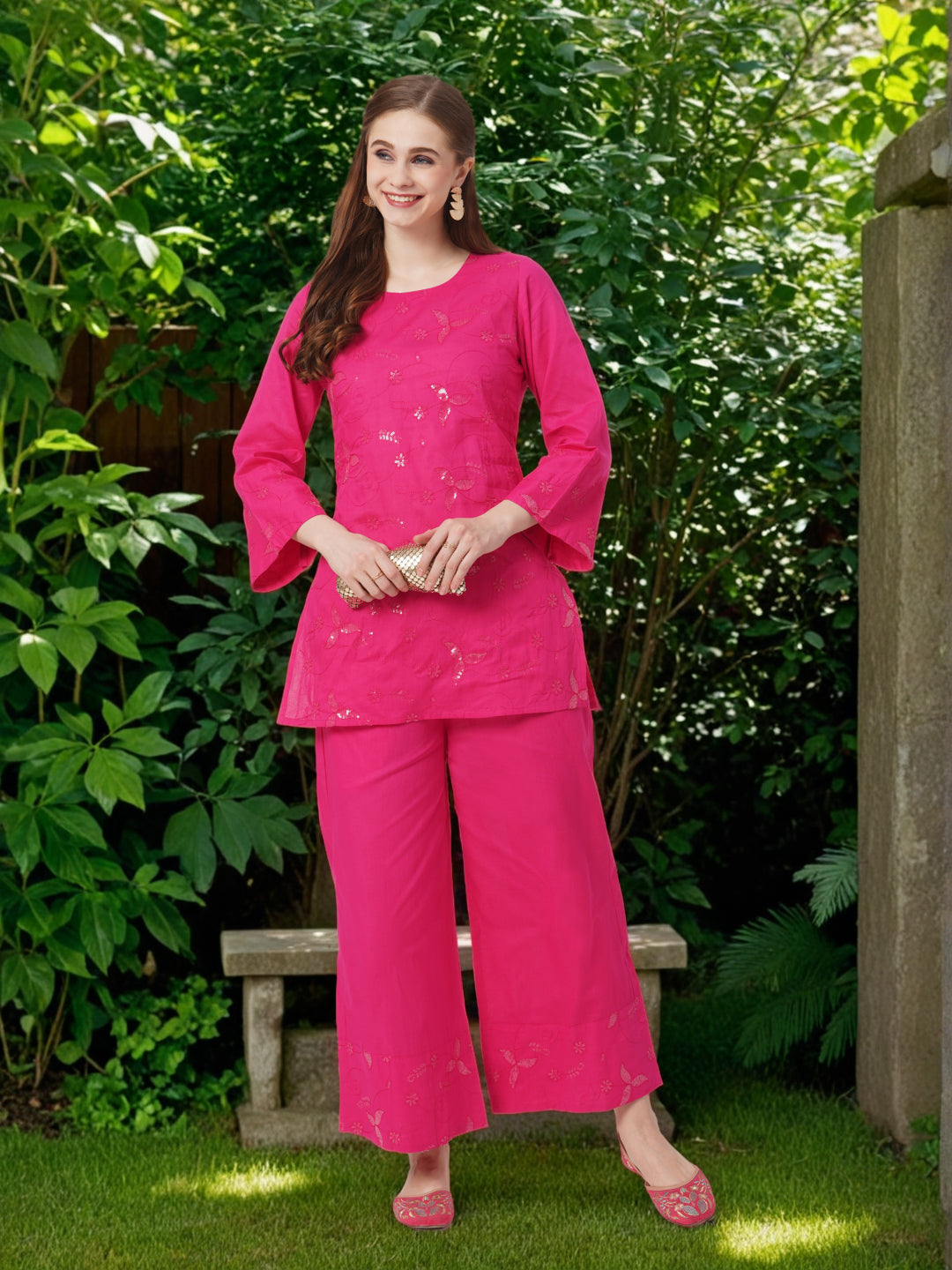 Solid Floral Sequin Embroidered Straight Fit Co-ord Set - Pink