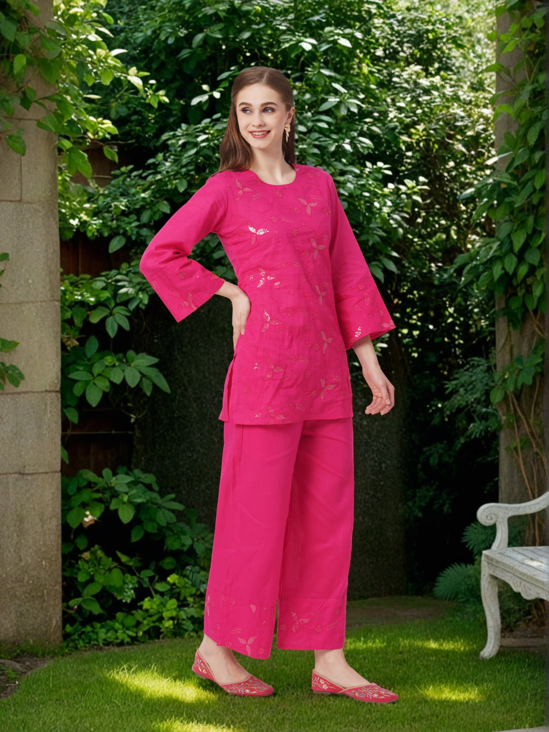Solid Floral Sequin Embroidered Straight Fit Co-ord Set - Pink
