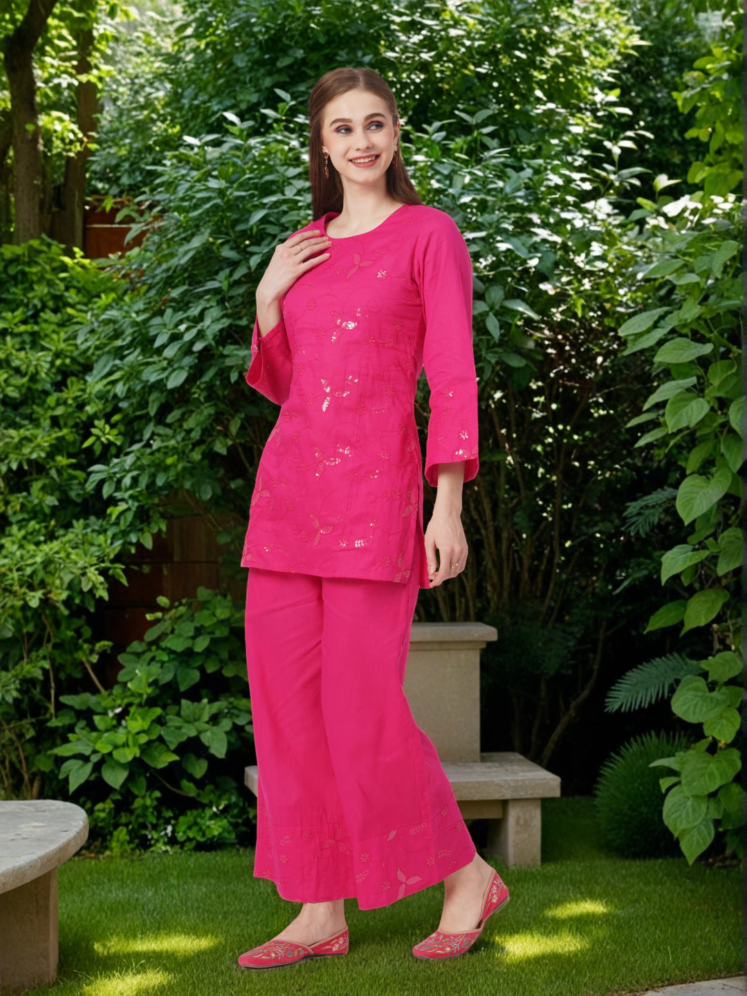 Solid Floral Sequin Embroidered Straight Fit Co-ord Set - Pink