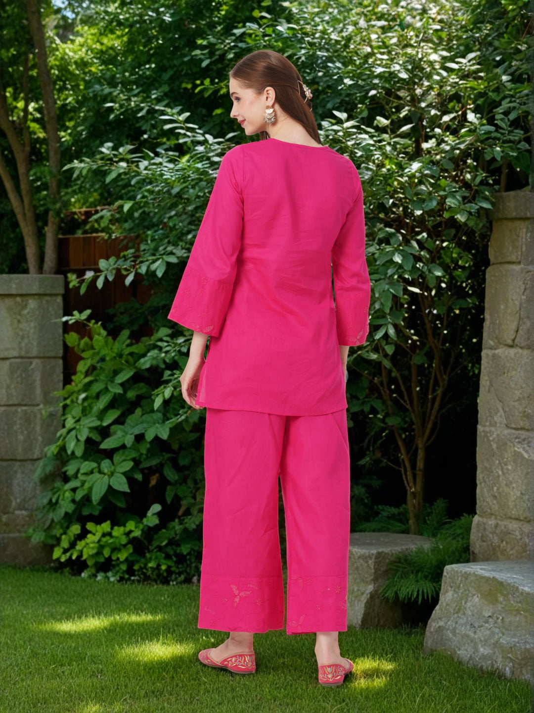 Solid Floral Sequin Embroidered Straight Fit Co-ord Set - Pink