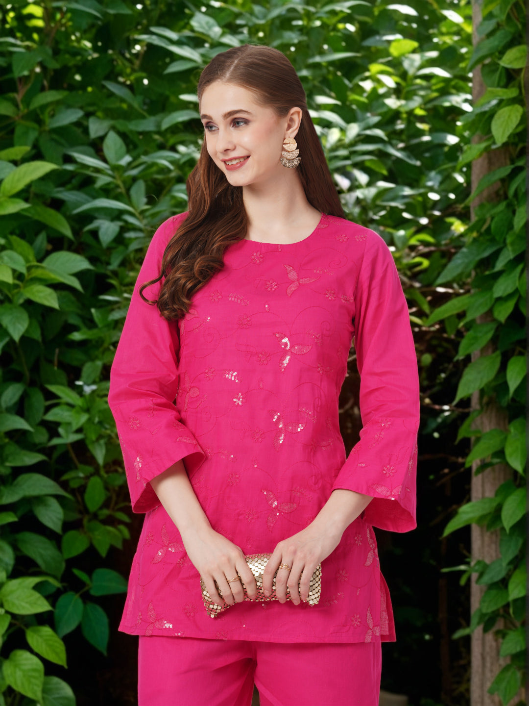 Solid Floral Sequin Embroidered Straight Fit Co-ord Set - Pink