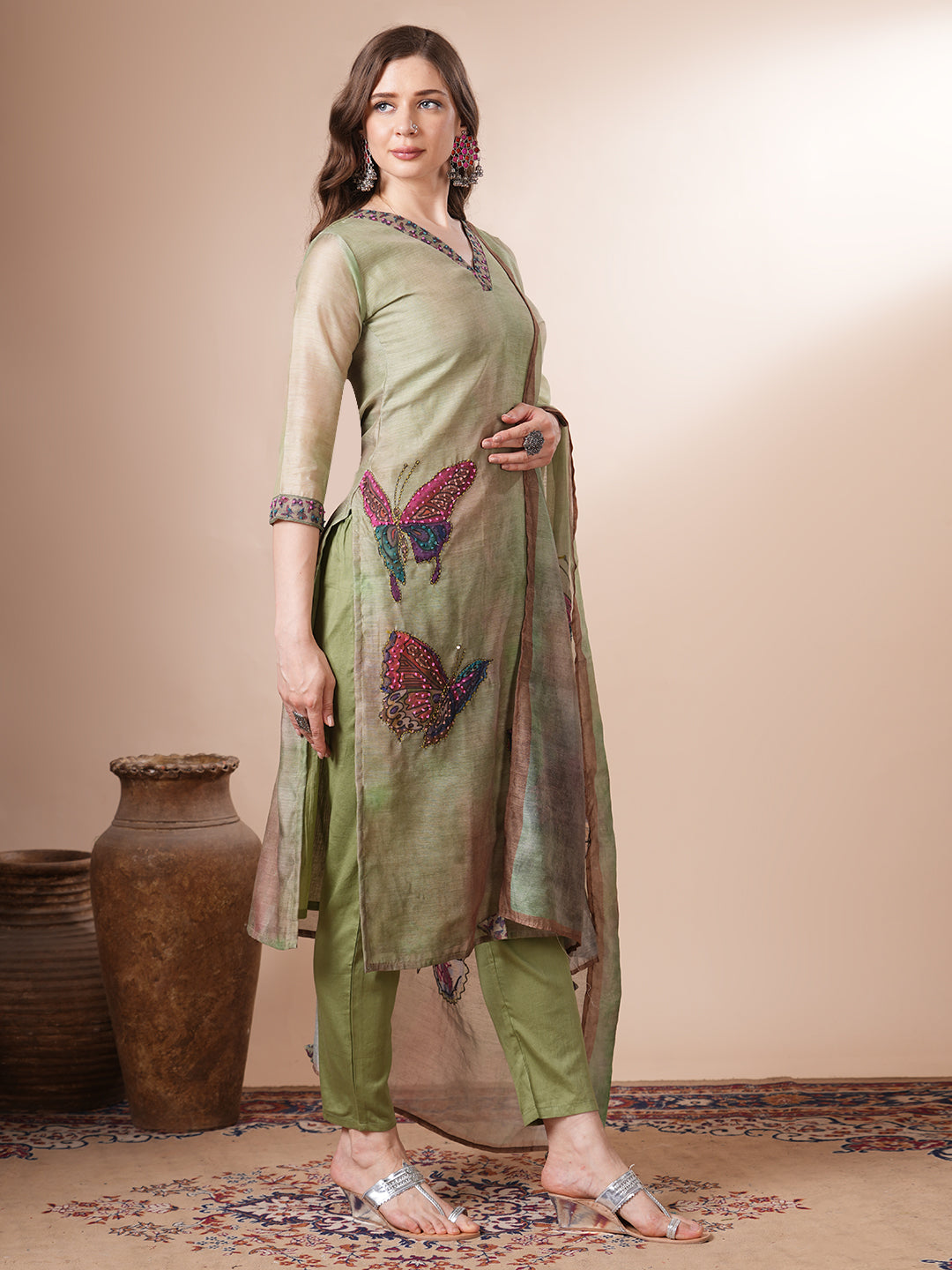 Butterfly Printed & Hand Embroidered Straight Kurta with Pant & Dupatta - Green