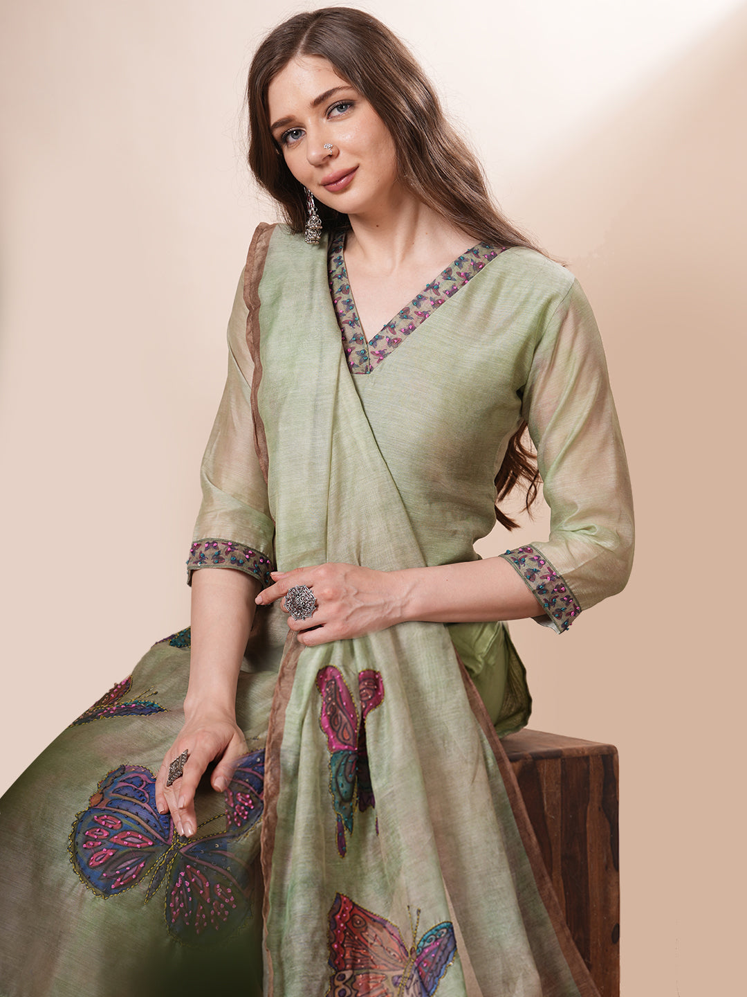 Butterfly Printed & Hand Embroidered Straight Kurta with Pant & Dupatta - Green