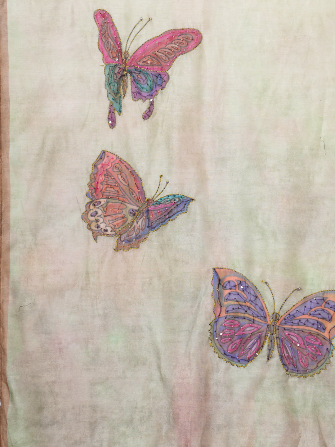 Butterfly Printed & Hand Embroidered Straight Kurta with Pant & Dupatta - Green