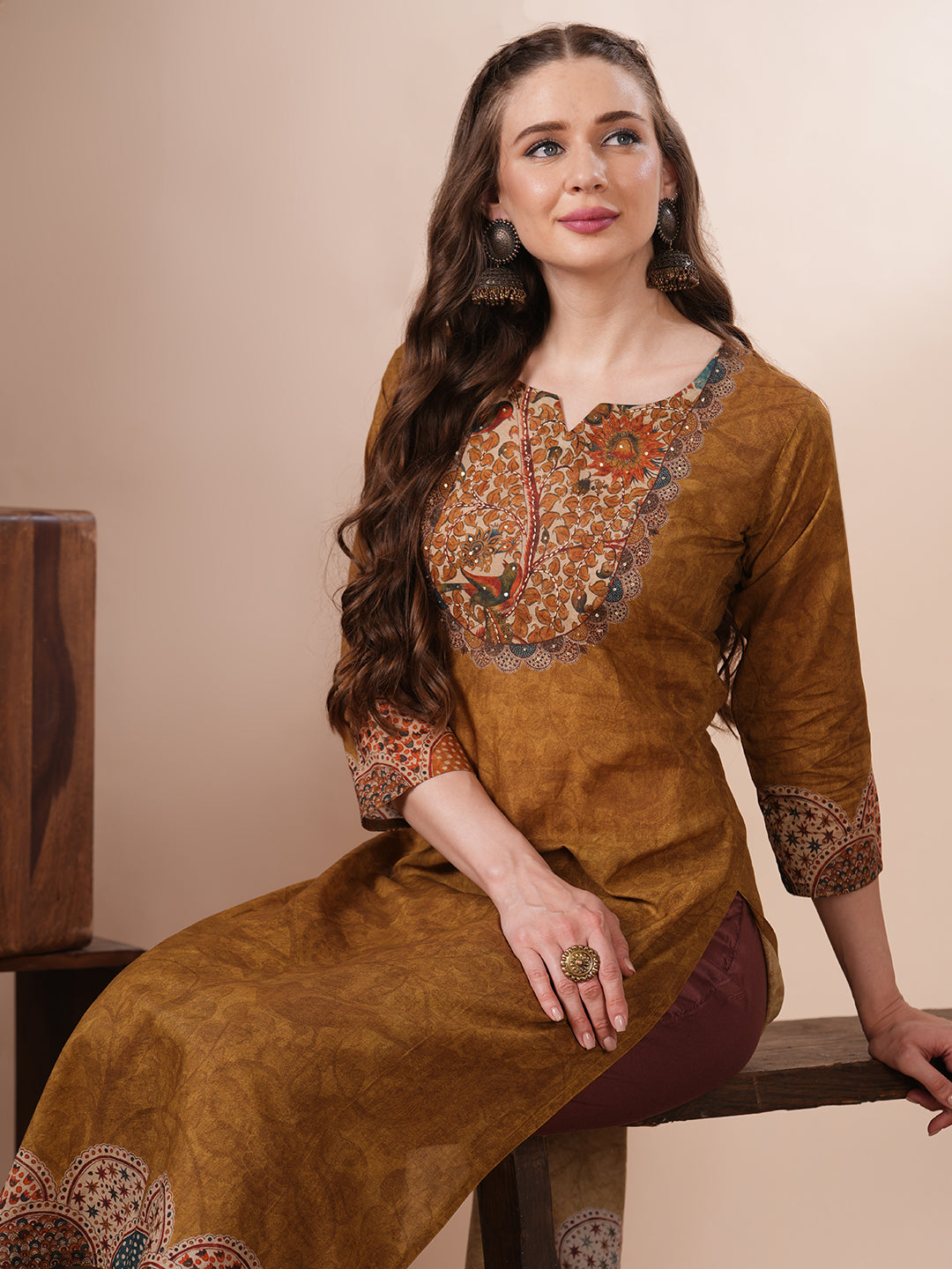 Kalamkari Printed & Embroidered Straight Fit Kurta - Mustard