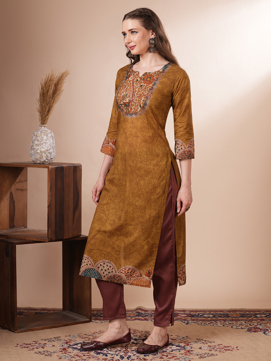 Kalamkari Printed & Embroidered Straight Fit Kurta - Mustard