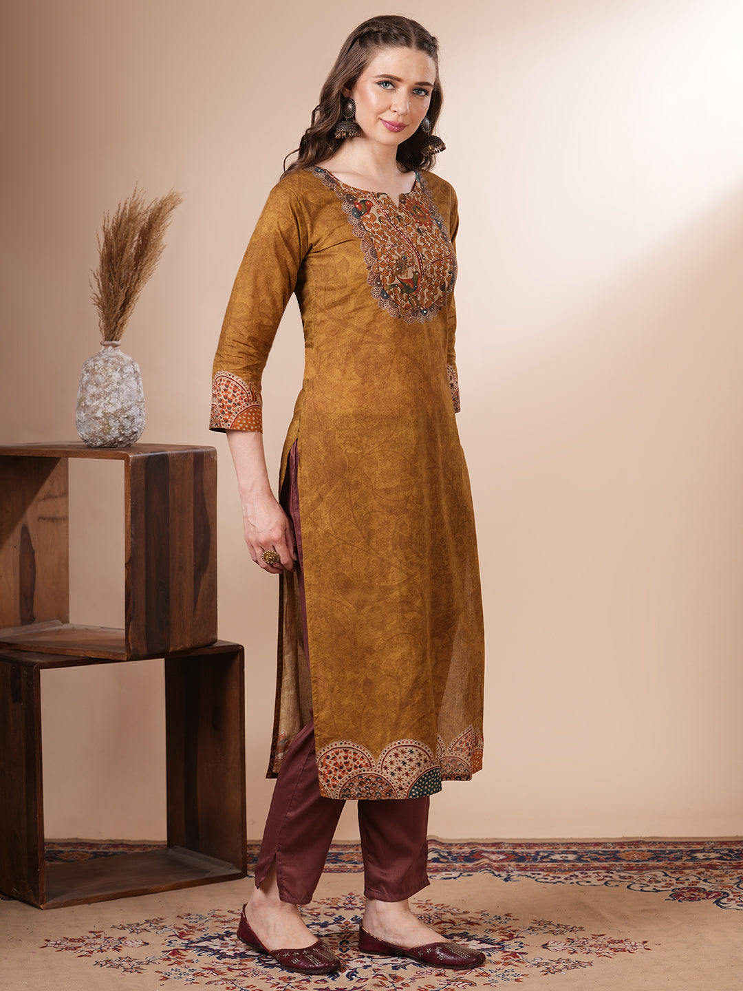 Kalamkari Printed & Embroidered Straight Fit Kurta - Mustard
