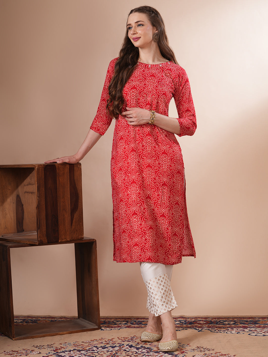 Ethnic Bandhani Printed Straight Fit Kurta - Red