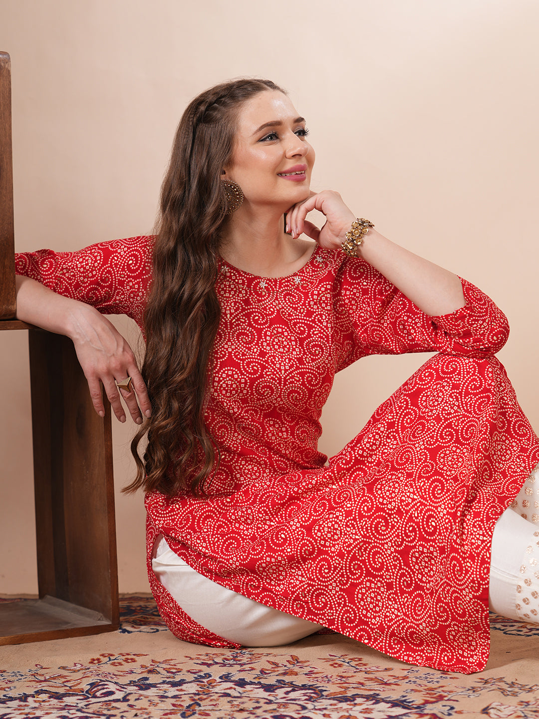 Ethnic Bandhani Printed Straight Fit Kurta - Red