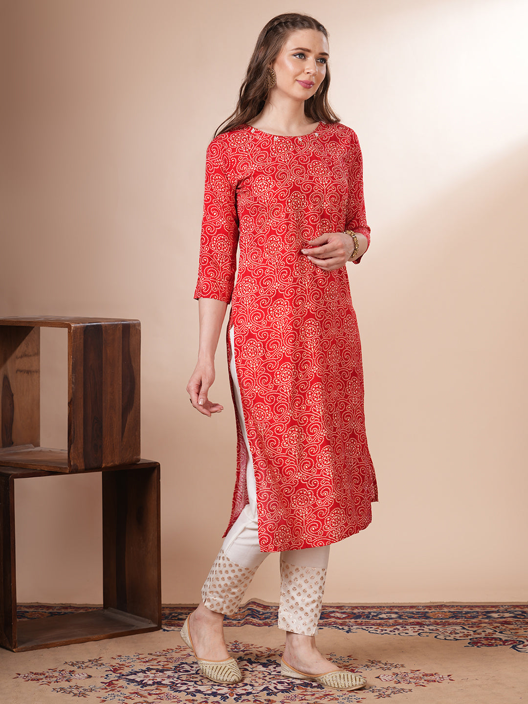 Ethnic Bandhani Printed Straight Fit Kurta - Red